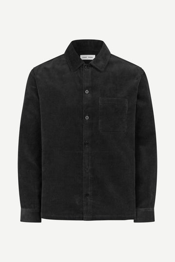 A black long-sleeve button-up shirt jacket with a chest pocket, shown on a clean white background.
