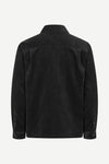 A black corduroy jacket shown from the back, featuring a classic collar and long sleeves with button cuffs, displayed on a clean white background.