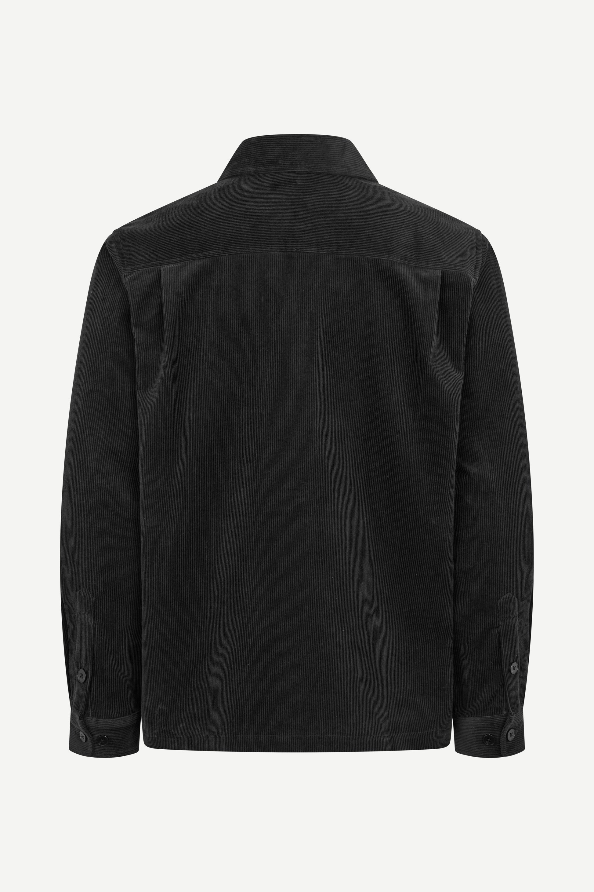A black corduroy jacket shown from the back, featuring a classic collar and long sleeves with button cuffs, displayed on a clean white background.