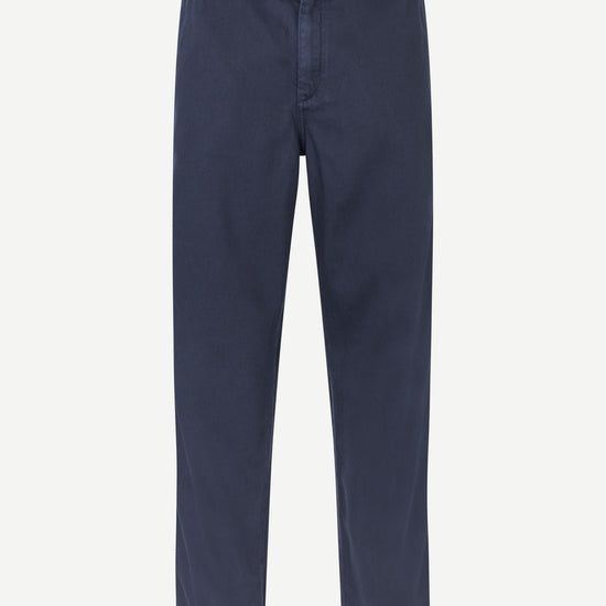 A pair of navy blue straight-leg trousers shown flat against a light gray background.