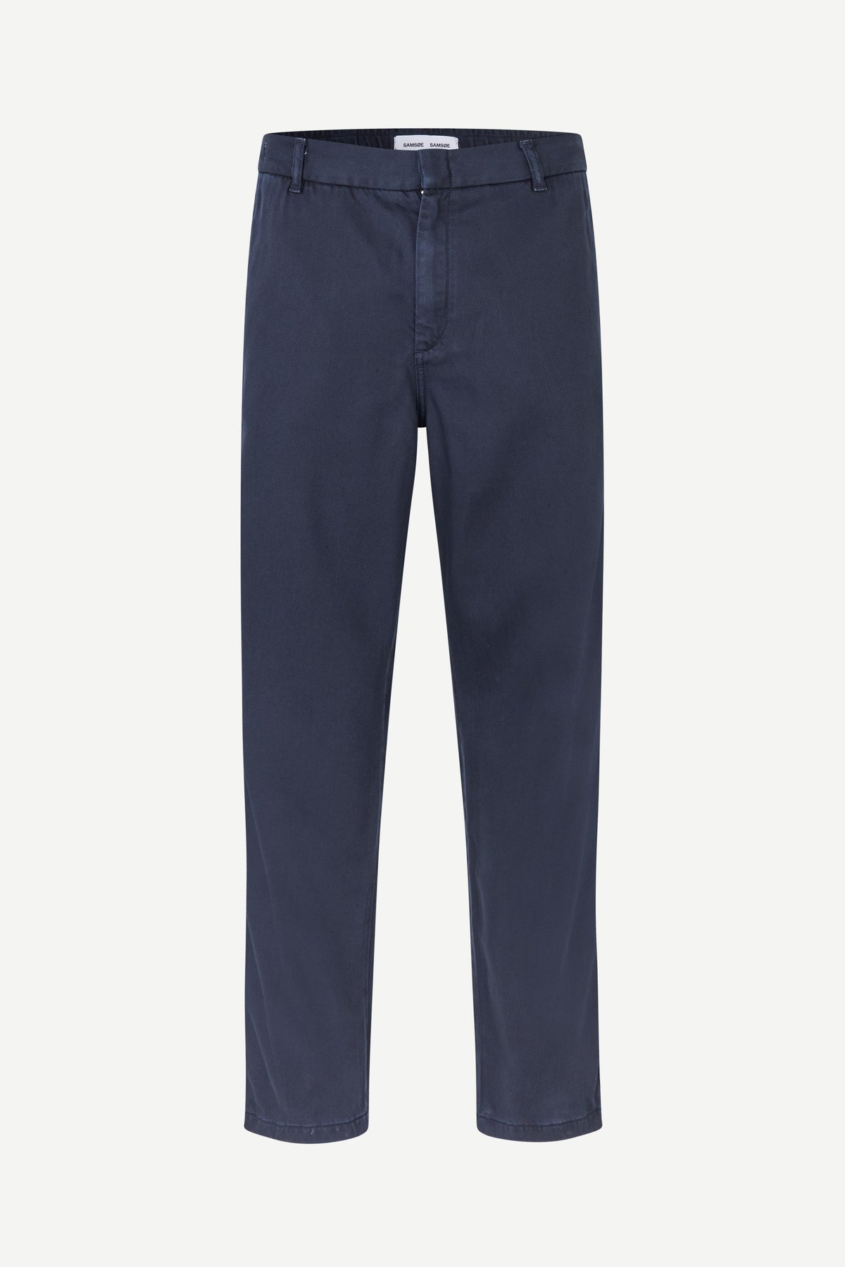 A pair of navy blue straight-leg trousers shown flat against a light gray background.