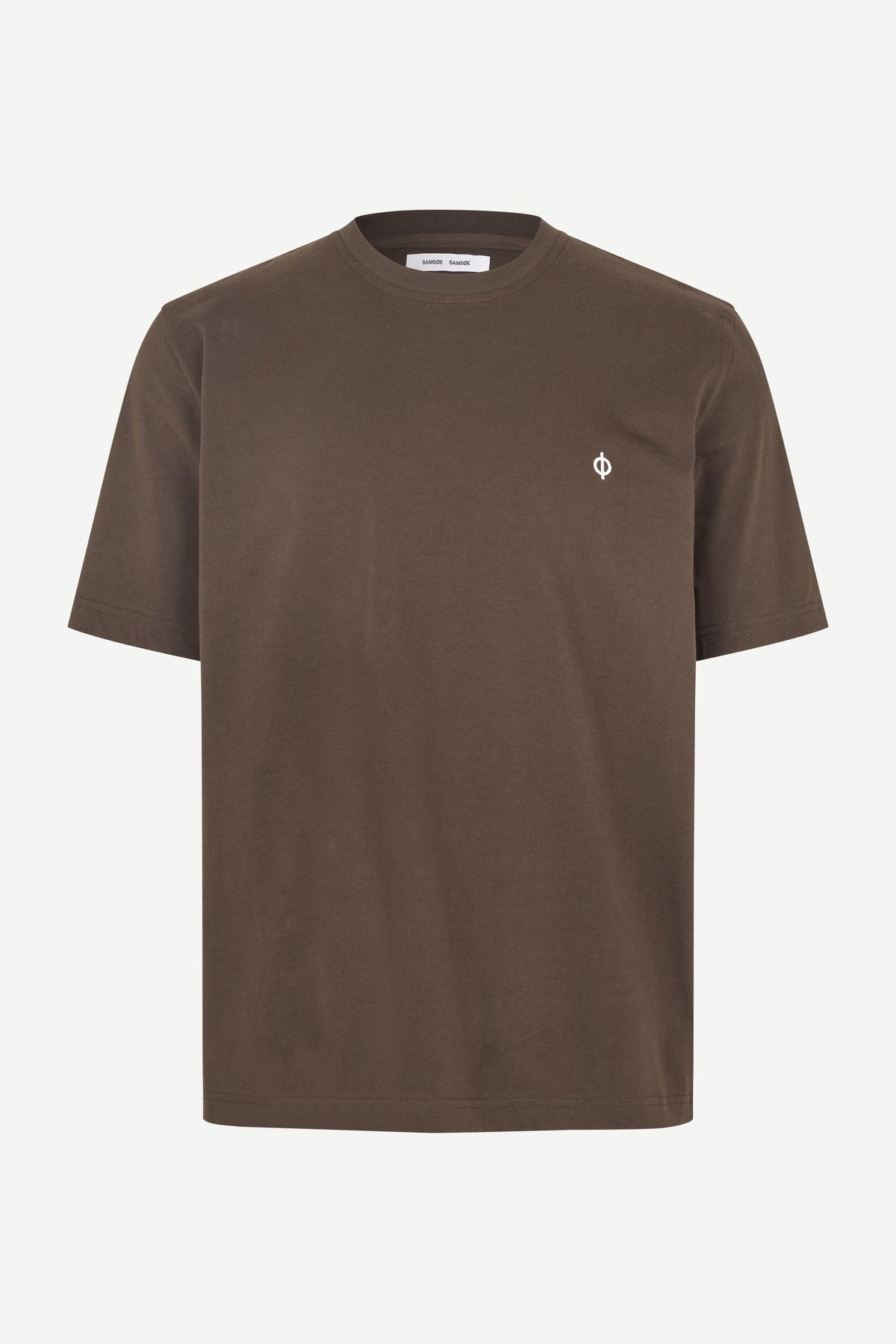 A brown short-sleeve crewneck t-shirt with a small white embroidered logo on the left chest, displayed on a clean off-white background.
