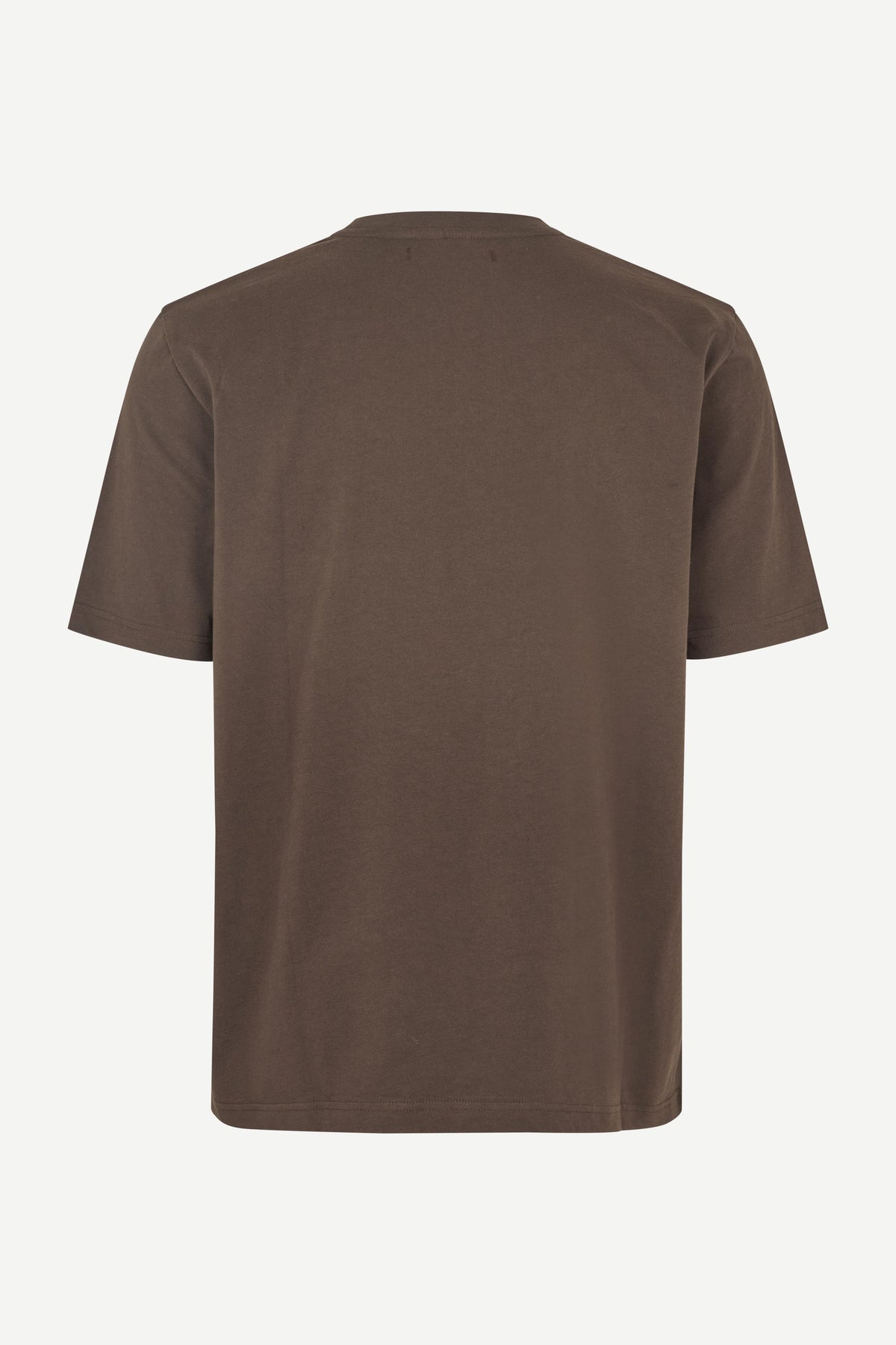 A plain brown short-sleeve crewneck t-shirt shown from the back, displayed on a clean off-white background.