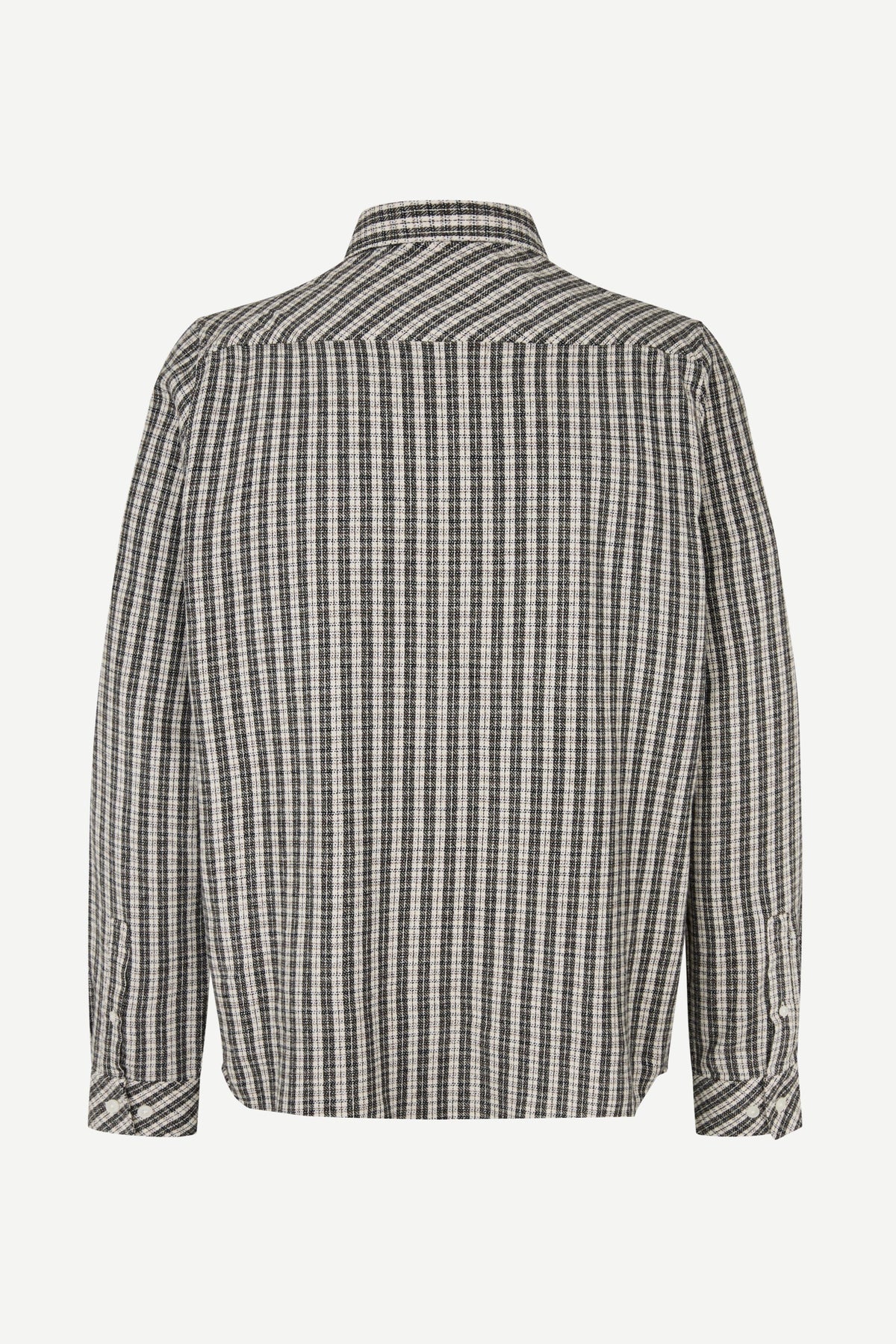 A long-sleeve button-up shirt with a black and white checkered pattern, shown from the back on a light gray background.