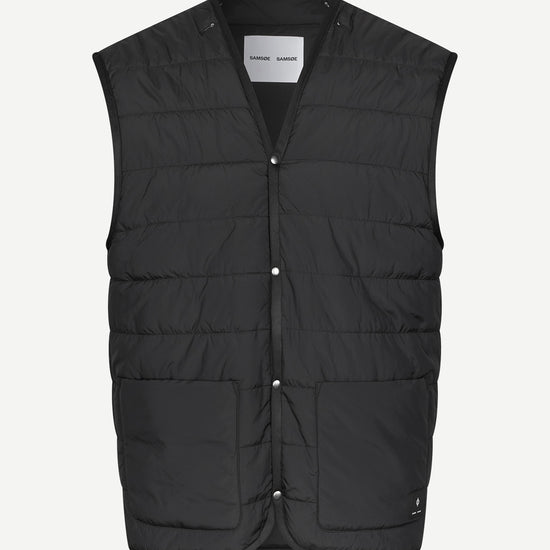 A black sleeveless puffer vest with horizontal quilting, snap-button front, and two front patch pockets, shown flat against a light gray background.