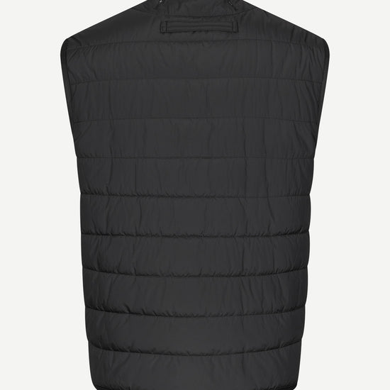A black quilted sleeveless puffer vest shown from the back, photographed against a clean off-white background.