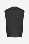 A black quilted sleeveless puffer vest shown from the back, photographed against a clean off-white background.