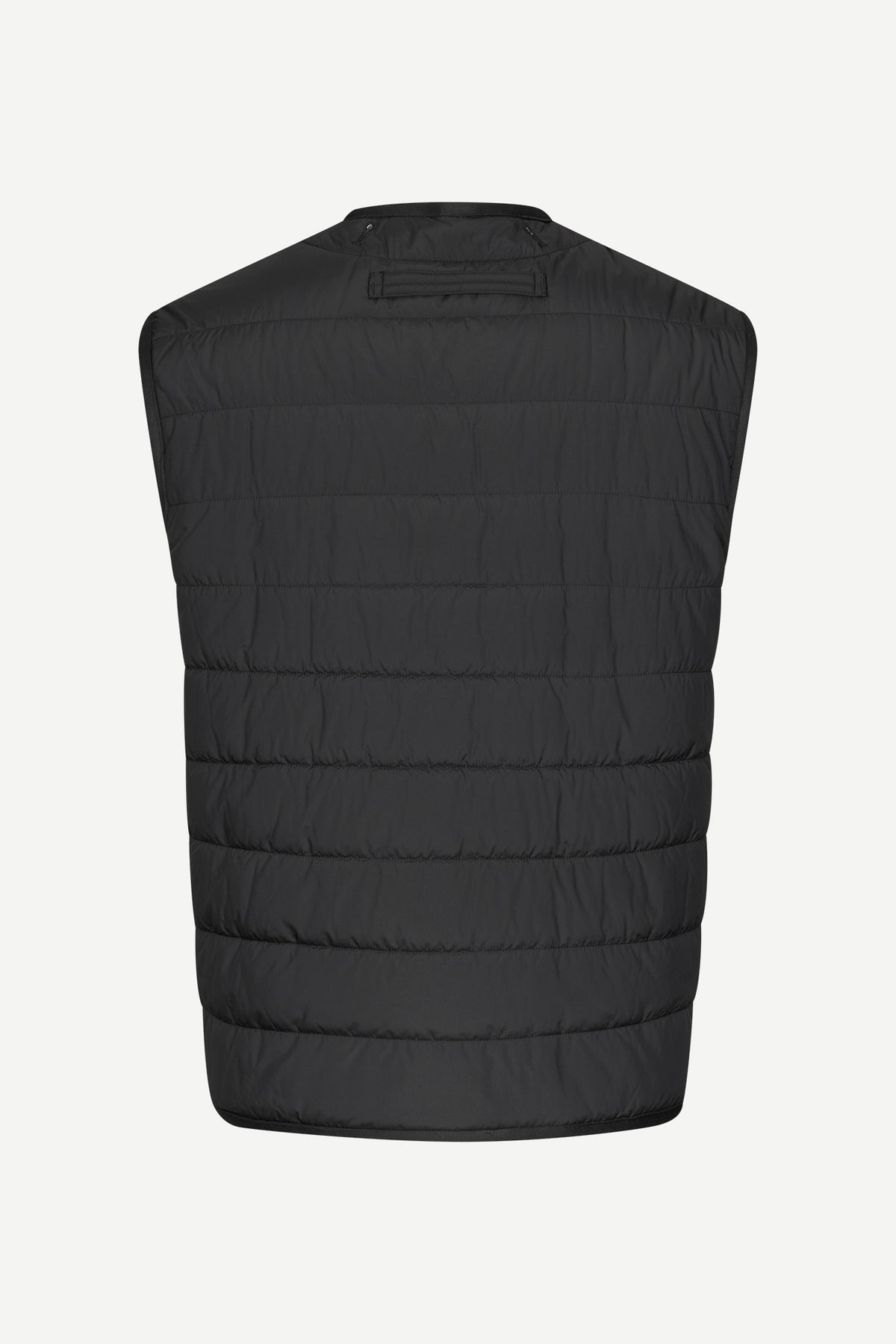 A black quilted sleeveless puffer vest shown from the back, photographed against a clean off-white background.