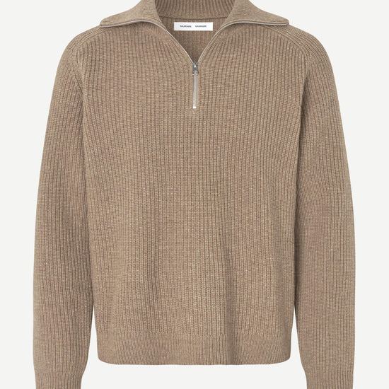 A beige ribbed knit half-zip sweater with a mock neck collar, displayed on a clean white background.