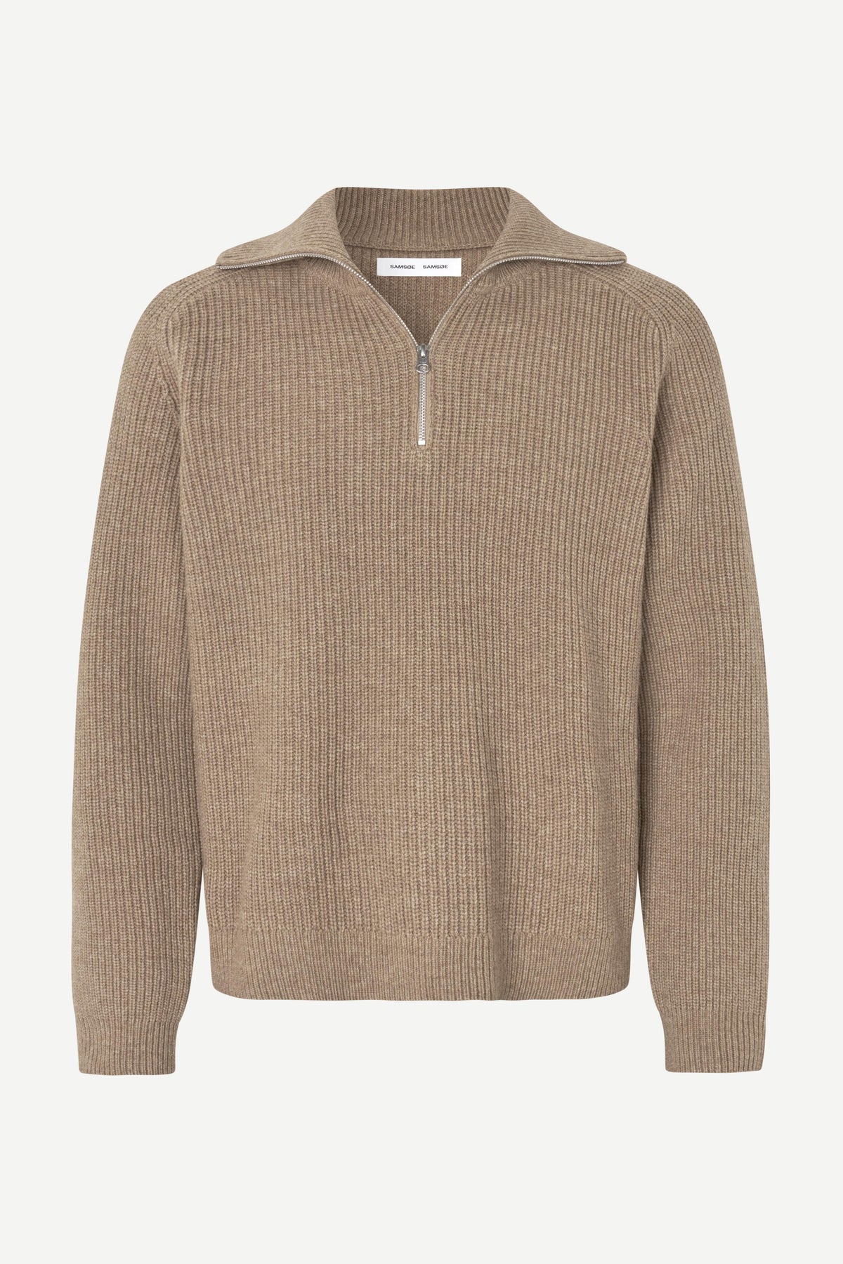 A beige ribbed knit half-zip sweater with a mock neck collar, displayed on a clean white background.