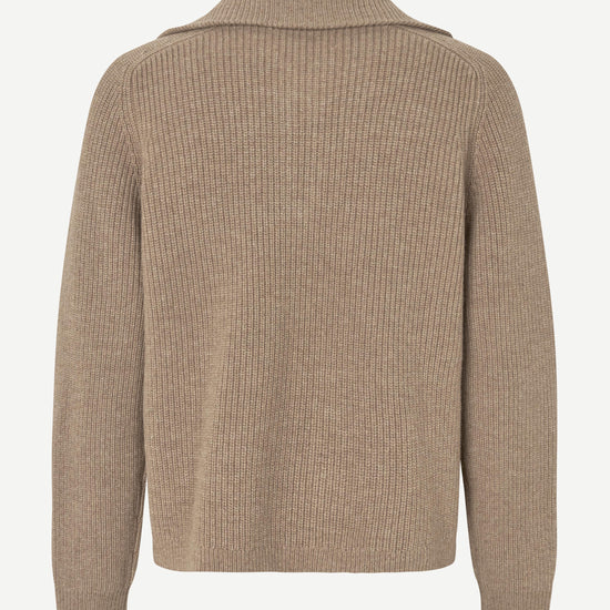 A beige ribbed knit cardigan sweater shown from the back, featuring a mock neck and long sleeves, on a light gray background.