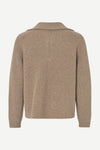 A beige ribbed knit cardigan sweater shown from the back, featuring a mock neck and long sleeves, on a light gray background.