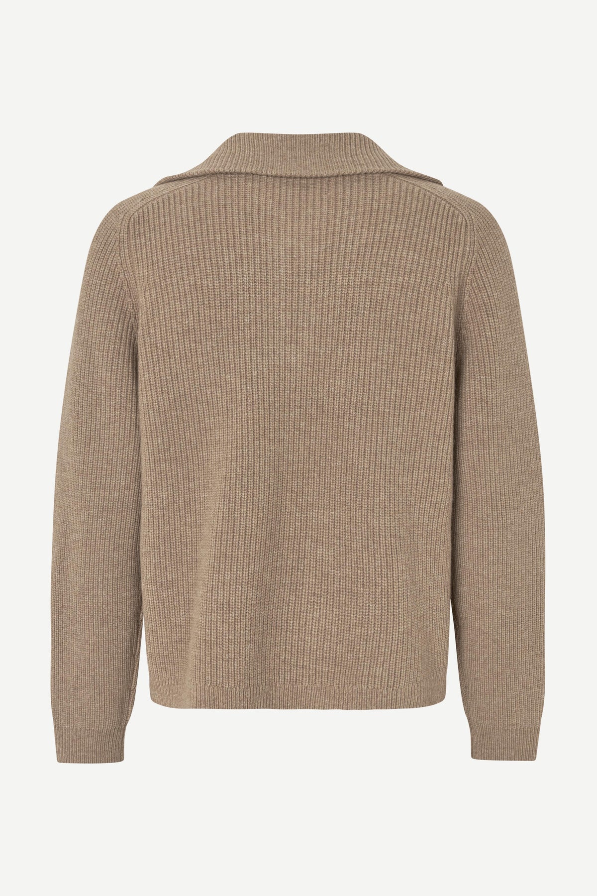 A beige ribbed knit cardigan sweater shown from the back, featuring a mock neck and long sleeves, on a light gray background.