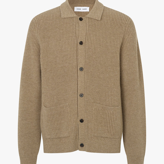 A beige ribbed knit cardigan sweater with a collar, dark buttons, and two front patch pockets, shown on a plain white background.