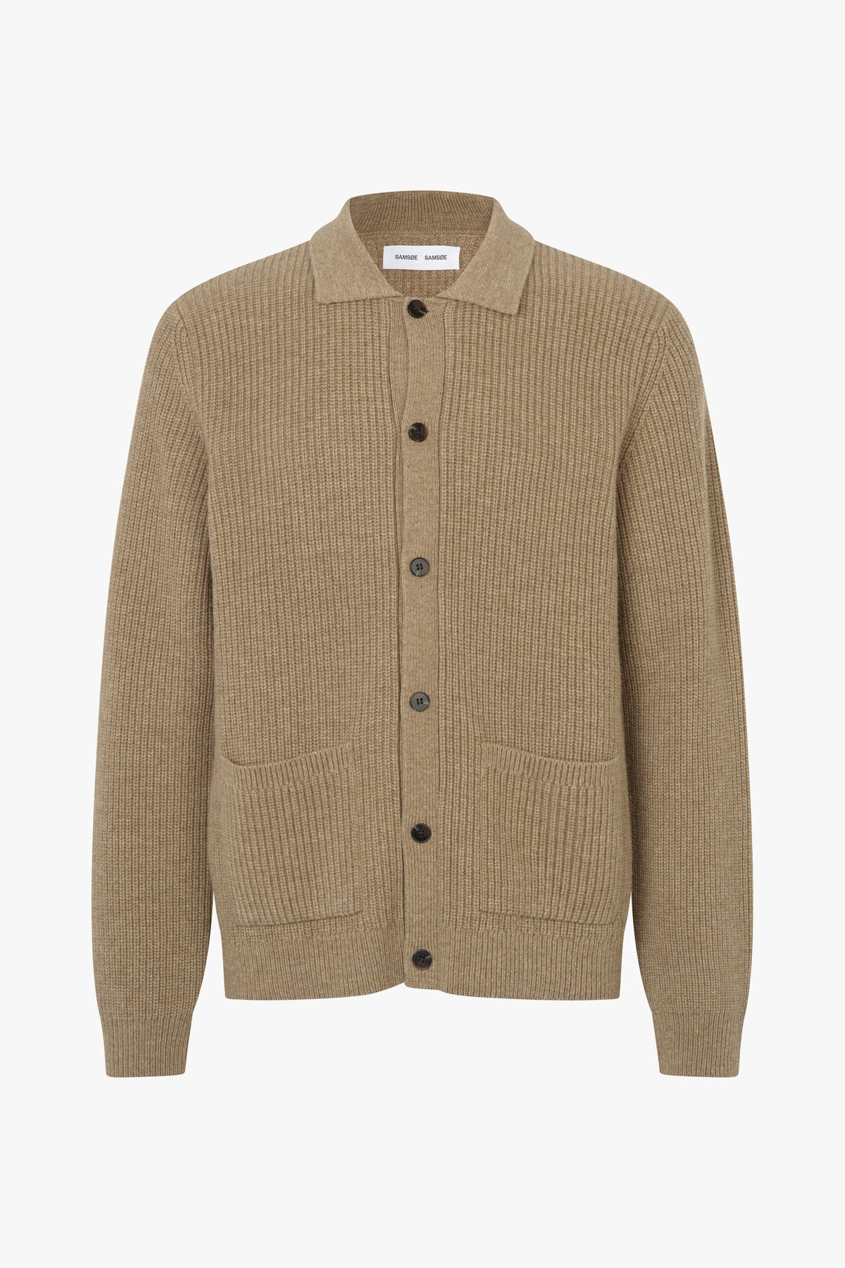 A beige ribbed knit cardigan sweater with a collar, dark buttons, and two front patch pockets, shown on a plain white background.