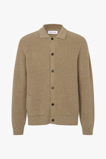 A beige ribbed knit cardigan sweater with a collar, dark buttons, and two front patch pockets, shown on a plain white background.