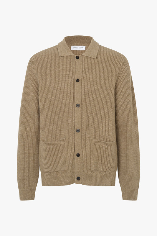 A beige ribbed knit cardigan sweater with a collar, dark buttons, and two front patch pockets, shown on a plain white background.