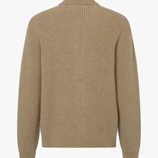 A beige ribbed knit sweater shown from the back, featuring a mock neck collar and long sleeves, displayed on a clean white background.