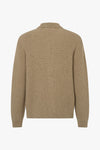 A beige ribbed knit sweater shown from the back, featuring a mock neck collar and long sleeves, displayed on a clean white background.
