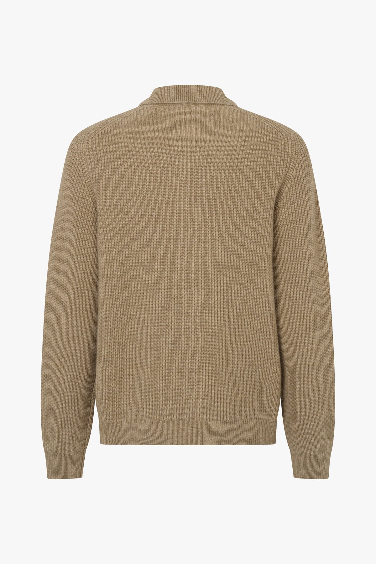 A beige ribbed knit sweater shown from the back, featuring a mock neck collar and long sleeves, displayed on a clean white background.