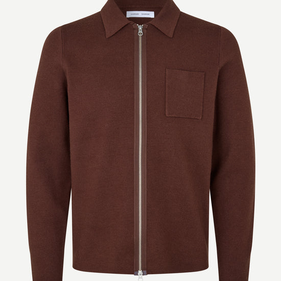 A brown zip-up knit polo shirt jacket with a chest pocket, displayed on a clean white background.