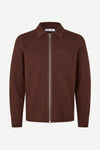 A brown zip-up knit polo shirt jacket with a chest pocket, displayed on a clean white background.