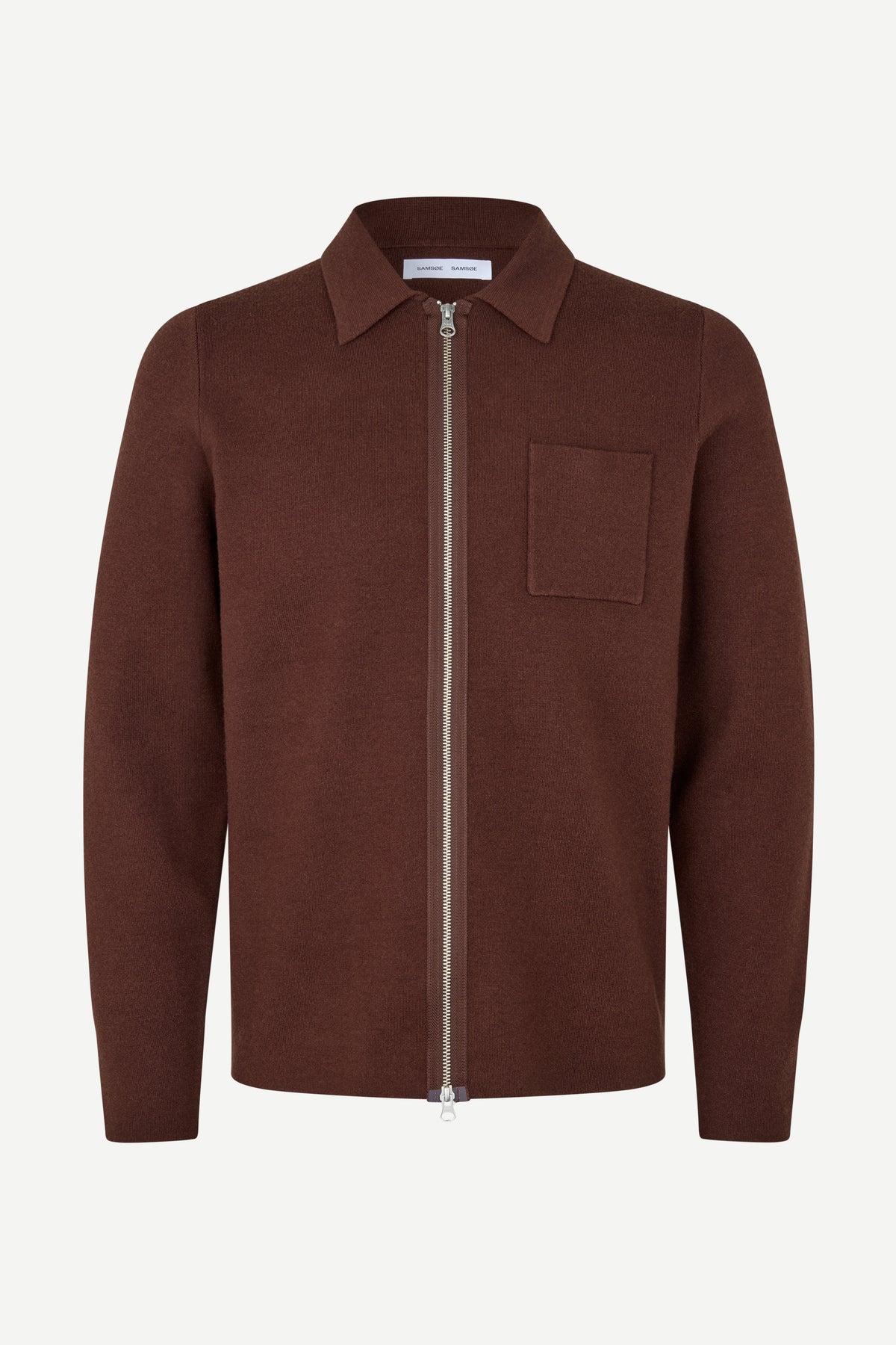 A brown zip-up knit polo shirt jacket with a chest pocket, displayed on a clean white background.