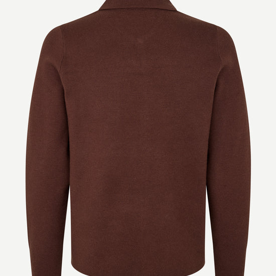 A dark brown knit sweater shown from the back, featuring a classic collar and long sleeves, displayed on a clean white background.
