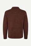 A dark brown knit sweater shown from the back, featuring a classic collar and long sleeves, displayed on a clean white background.
