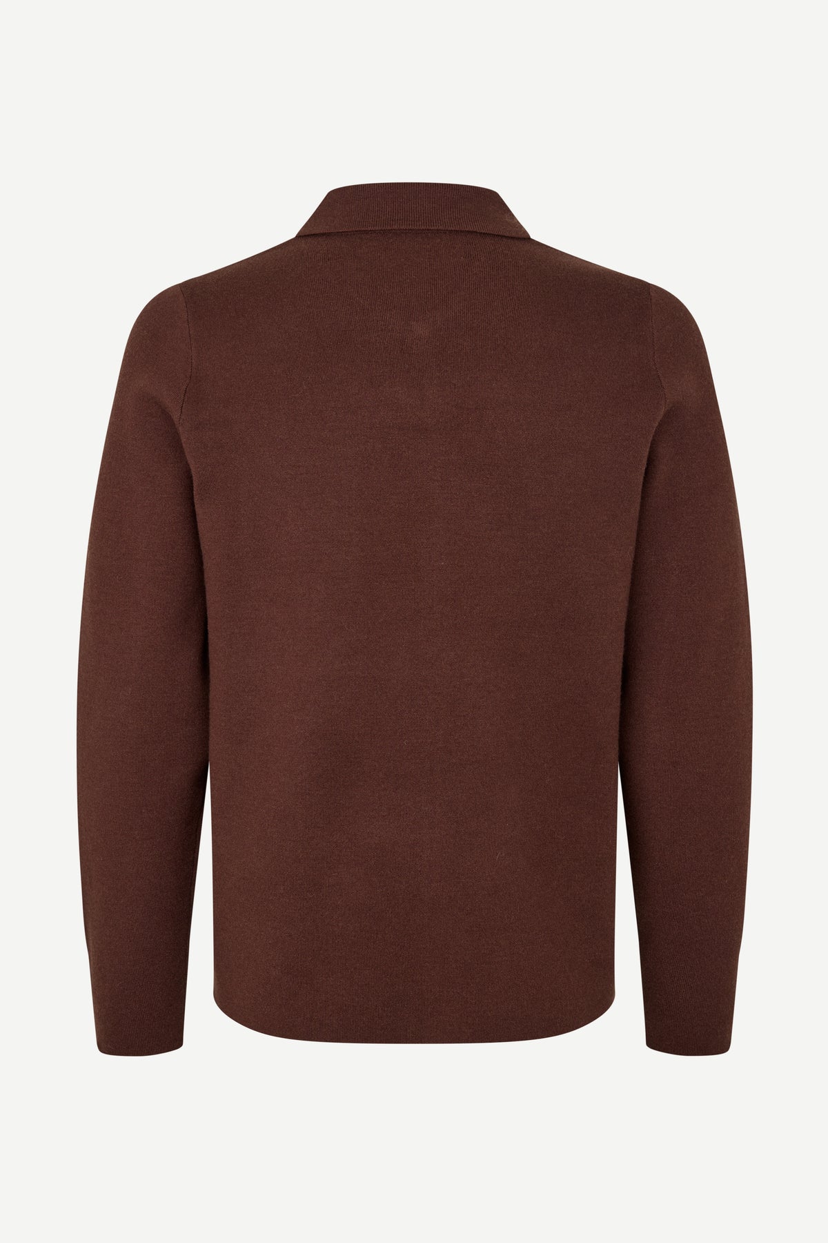 A dark brown knit sweater shown from the back, featuring a classic collar and long sleeves, displayed on a clean white background.