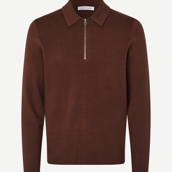 A dark brown long-sleeve knit polo sweater with a half-zip collar, displayed on a clean white background.