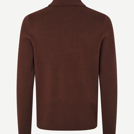 A dark brown knit sweater with a mock neck collar, shown from the back on a clean white background.