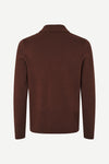 A dark brown knit sweater with a mock neck collar, shown from the back on a clean white background.