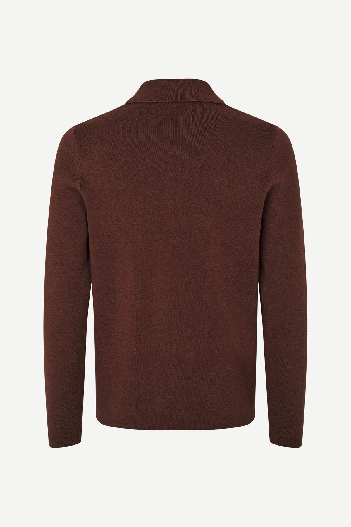 A dark brown knit sweater with a mock neck collar, shown from the back on a clean white background.