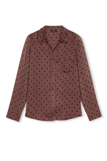 A long-sleeve button-up shirt in a dusty rose-brown color, featuring a black polka dot pattern and a single chest pocket, displayed against a plain white background.
