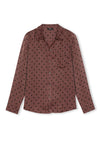 A long-sleeve button-up shirt in a dusty rose-brown color, featuring a black polka dot pattern and a single chest pocket, displayed against a plain white background.