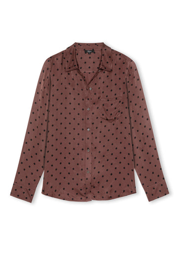 A long-sleeve button-up shirt in a dusty rose-brown color, featuring a black polka dot pattern and a single chest pocket, displayed against a plain white background.