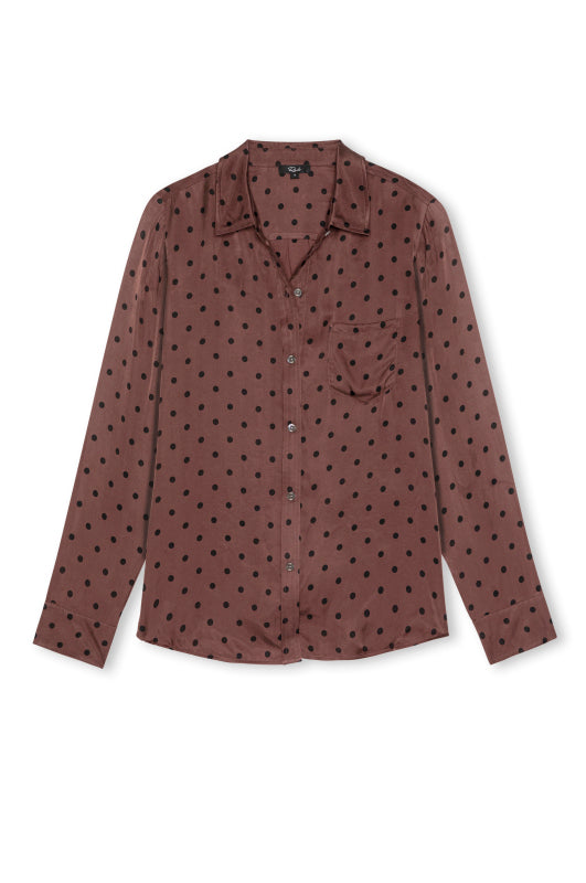 A long-sleeve button-up shirt in a dusty rose-brown color, featuring a black polka dot pattern and a single chest pocket, displayed against a plain white background.