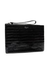 Black textured clutch bag with a visible brand logo on a white background