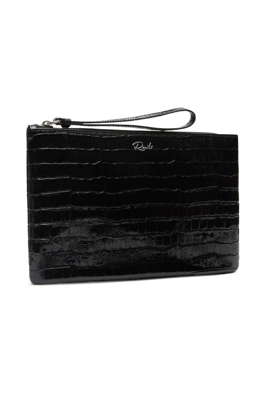 Black textured clutch bag with a visible brand logo on a white background