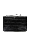 A black crocodile-embossed leather clutch bag with a wristlet strap and a small silver logo on the front, set against a plain white background.