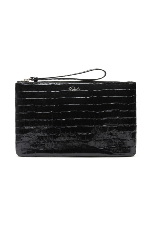 A black crocodile-embossed leather clutch bag with a wristlet strap and a small silver logo on the front, set against a plain white background.