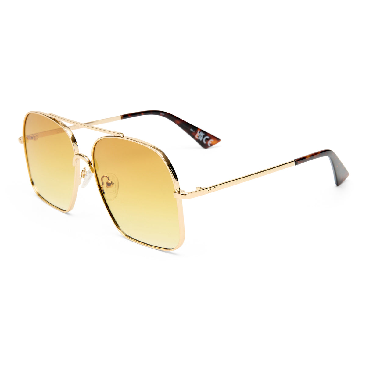 Gold-framed sunglasses with yellow lenses on a white background