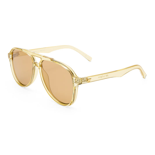 Gold-framed sunglasses with a white background