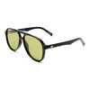 Black sunglasses with yellow-tinted lenses on a white background