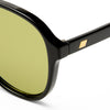 Black sunglasses with gold accents on a white background