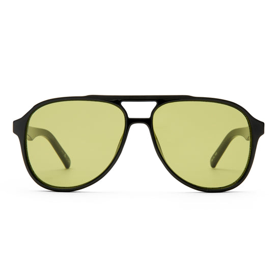 Sunglasses with green lenses and black frame on a white background