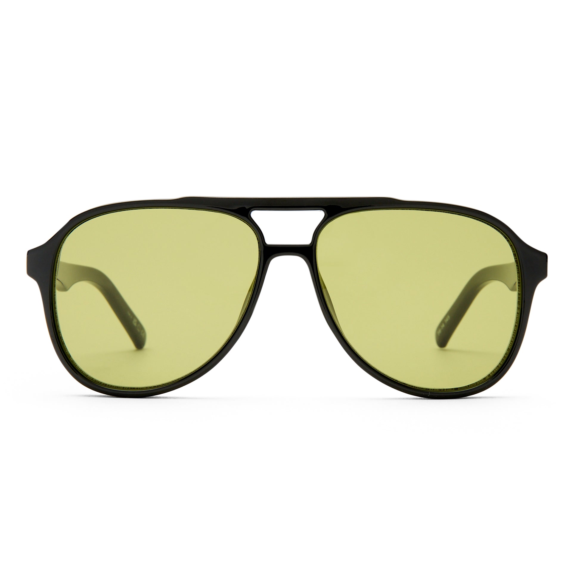Sunglasses with green lenses and black frame on a white background