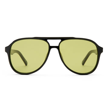 Sunglasses with green lenses and black frame on a white background
