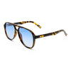 Sunglasses with tortoiseshell frame and blue lenses on a white background